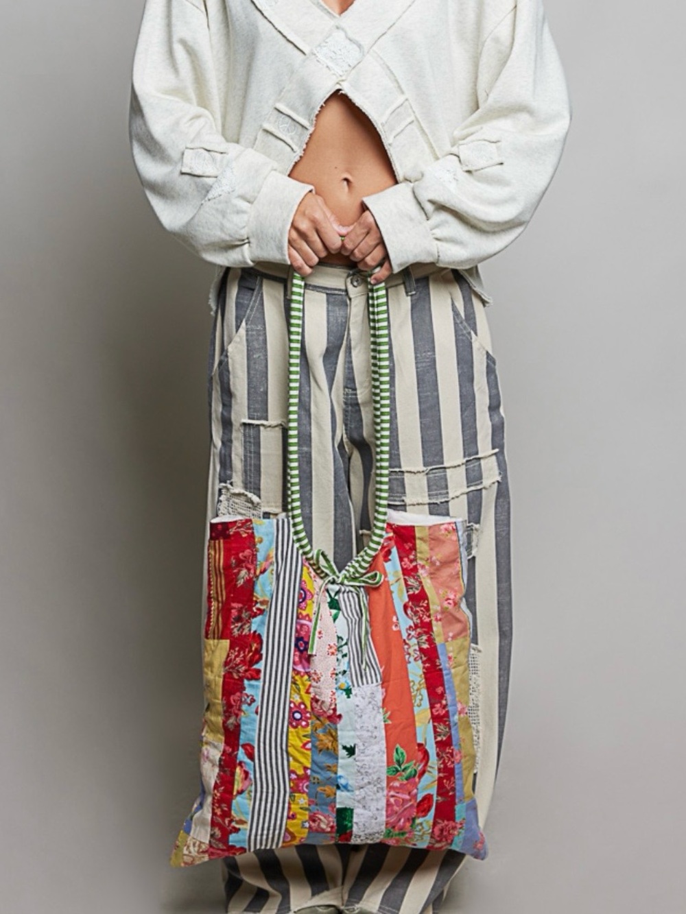 HMQD5 POLPatchwork Stripe Tote Bag in Multicolor - Lightweight Everyday Shoulder - Picture 4 of 13